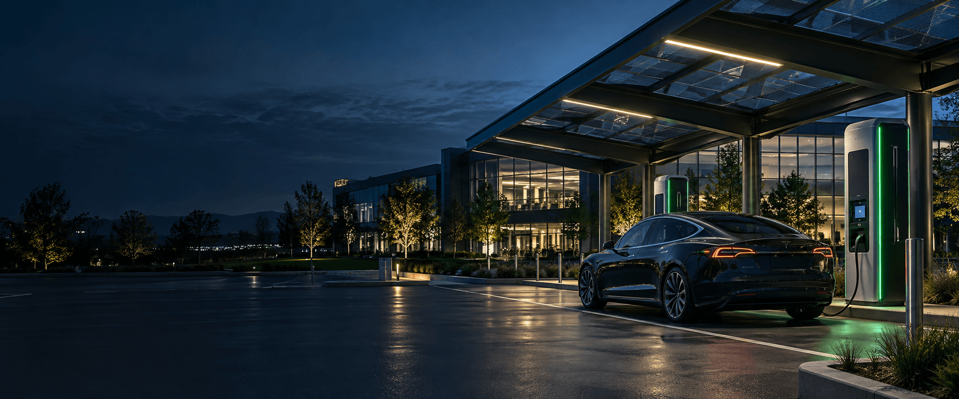 Modern EV charging campus at night